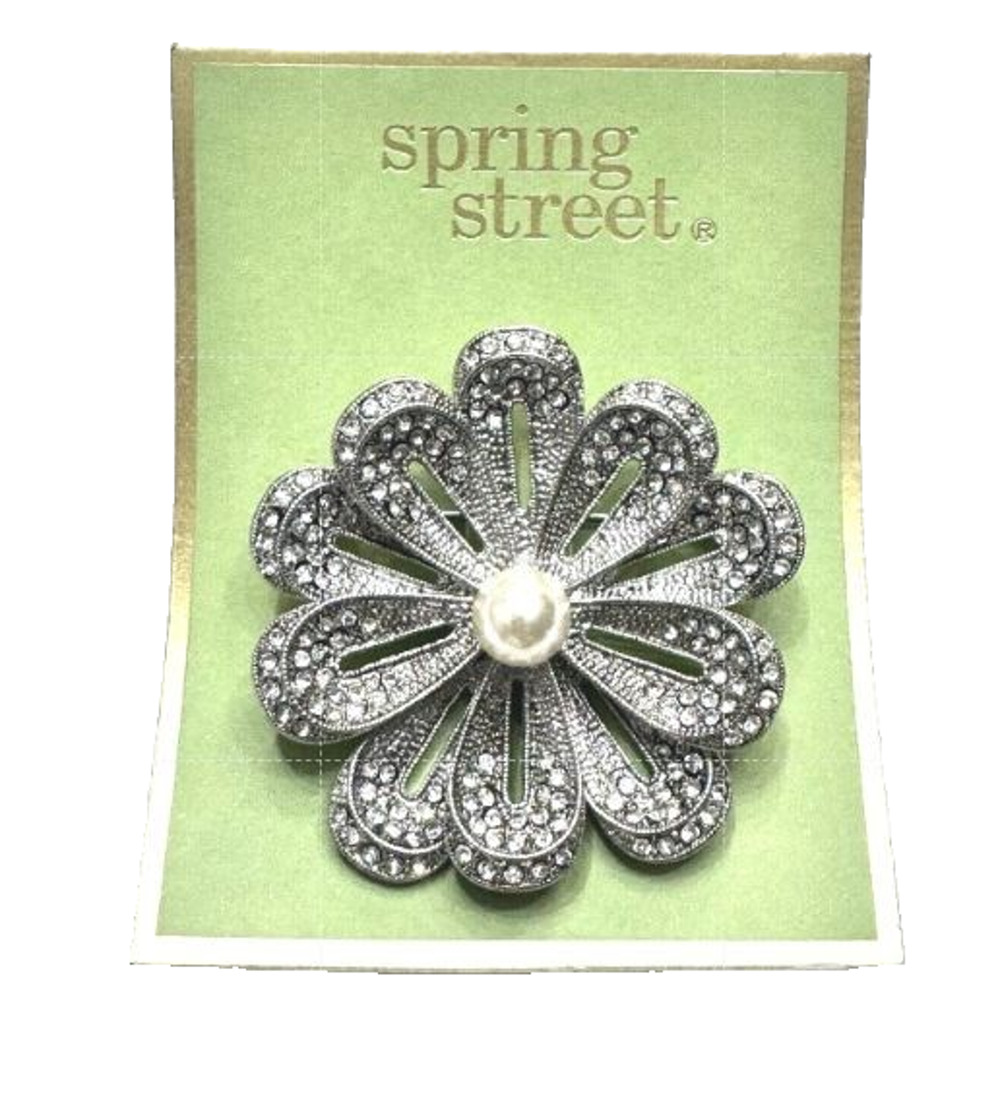 SPRING STREET SILVER TONE FLOWER BROOCH PIN FAUX PEARL RHINESTONE NEW